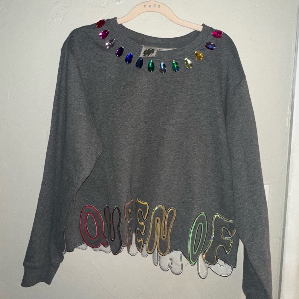 QUEEN OF SPARKLES Gray Sweater with Gems
